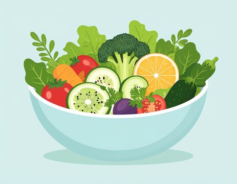 Vector illustration of healthy food bowl with vegetables and fruits