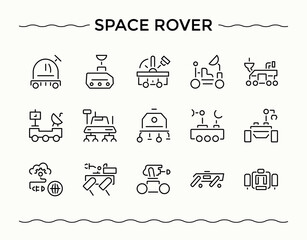 space rover icon set. Thin UI icons. Contain linear sign system, mission, surface, ship, exploration, lunar, mars. Editable stroke vector art. Exploration icon collection.