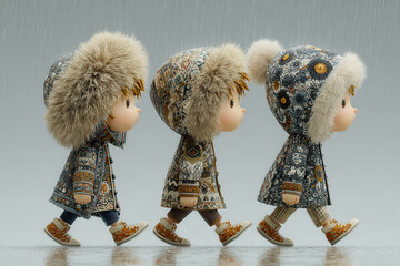 Children walking together in colorful rain jackets during a light rainfall in a playful outdoor setting