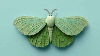 Beautiful green moth with leaf-like wings resting on a light blue background in a calm setting