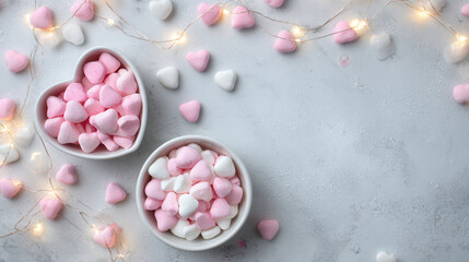 Heart-shaped candies and fairy lights create a sweet and festive atmosphere for a romantic celebration or gathering in a cozy setting
