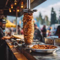 Delicious street food preparation at a bustling outdoor festival with fresh ingredients and skilled chefs