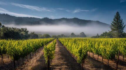 Vineyards stretching across rolling hills under morning mist in a serene landscape