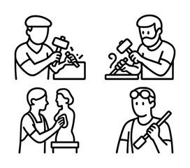 Vector Line art illustrations of male sculptors and artists engaged in various creative activities
