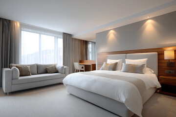 Fototapeta premium Modern hotel bedroom with cozy lighting and sofa