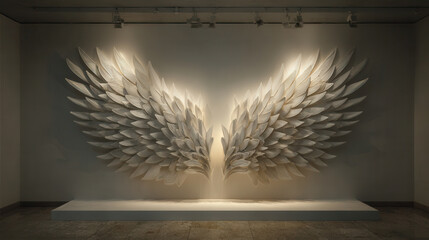 Art installation featuring large leaf-shaped wings in a gallery setting with soft lighting