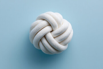 Knot made of white rope placed on a light blue background highlighting its texture and intricate design