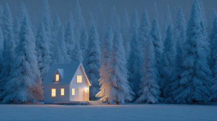 Cozy winter cabin surrounded by tall snowy trees at dusk