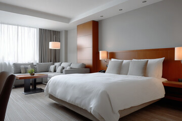 Fototapeta premium Modern hotel bedroom with cozy lighting and sofa