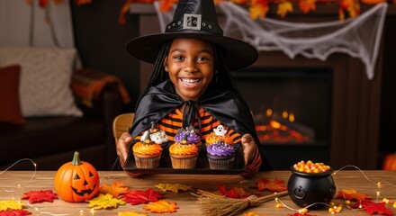 A happy black girl holds a plate with a dessert decorated in Halloween style. Happy Halloween.