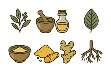 Herbal ingredients and tools: mortar, pestle, turmeric, ginger, leaves, roots, oil