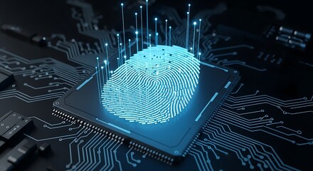 High quality image of digital fingerprint glowing on a computer chip, symbolizing biometric security and identity verification in technology