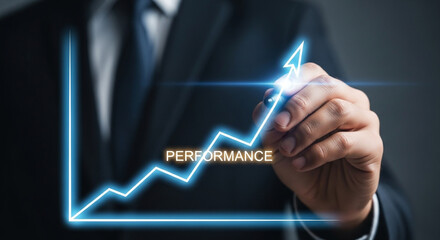 Businessman drawing a glowing upward trend line graph with the word performance