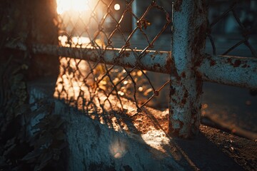 Rusty chain-link fence at sunset