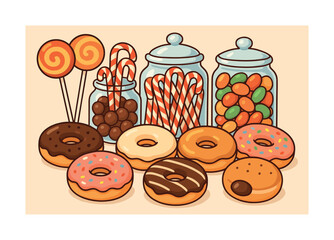Colorful assortment of donuts, lollipops, candy canes, and jelly beans in jars