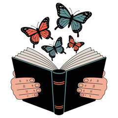 A captivating scene of hands holding an open book with butterflies emerging, symbolizing the freedom of knowledge and imagination.
