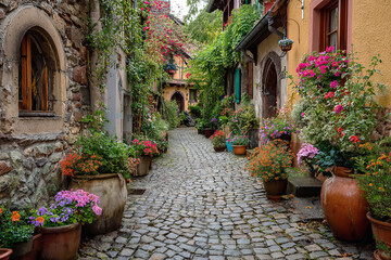 Fototapeta premium Charming cobblestone alley with colorful flowers in pots