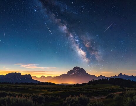 Night Sky Milky Way Galaxy with Mountains Landscape and Starry Sky