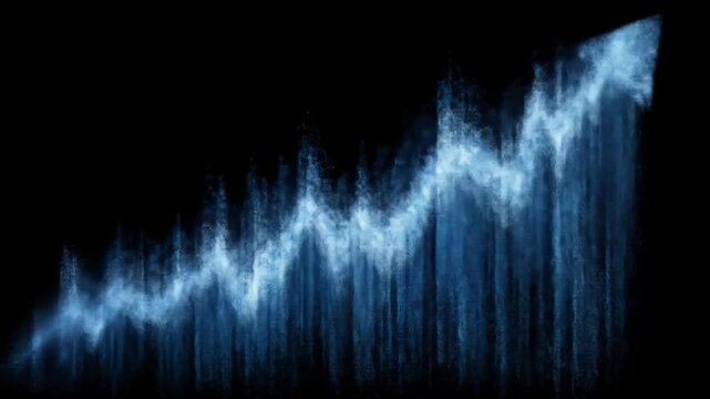 Abstract upward trending arrow formed from a blue particulate cloud against a black background
