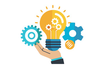 Hand holding lightbulb with gears and cogwheels on white background