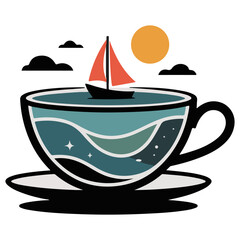 A whimsical illustration of a sailing boat on the sea inside a coffee cup. A warm sunny day, with simple design features