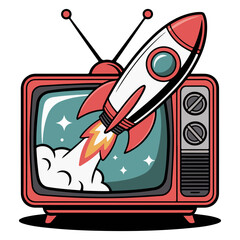 Retro television set with rocket blasting off, symbolizing innovation and progress