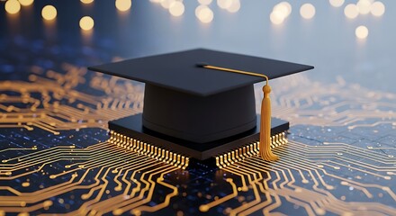 High quality image of graduation cap on a computer chip, symbolizing digital education and technological advancement in learning