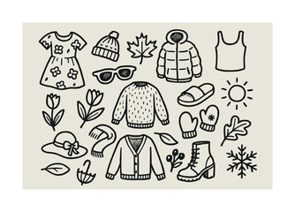 Hand-drawn seasonal clothing and nature icons featuring sweaters, jacket, dress, and accessories