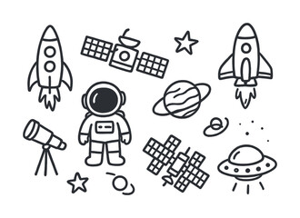Space exploration doodles: astronauts, rockets, satellites, planets, and ufos