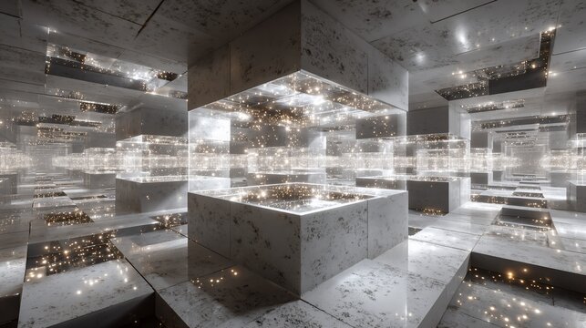 Abstract futuristic interior with glowing cubes creating an infinite space illusion