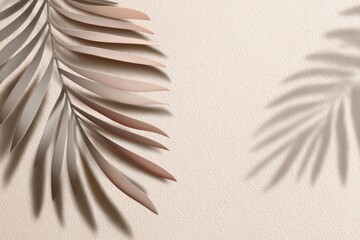 A stylized palm leaf casts a shadow on a textured, beige background, soft lighting