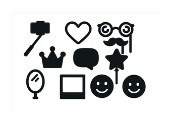 Party prop silhouettes: selfie stick, heart, glasses, moustache, crown, speech bubble