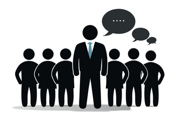 Businessman leading a group of people with speech bubbles