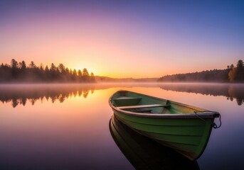 Picturesque serene lake scene with a boat during a beautiful sunrise