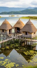 Picturesque floating thatched bungalows on Loktak Lake, Manipur, India