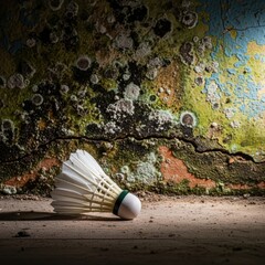 Contrasting worlds: a badminton shuttlecock versus a decayed backdrop
