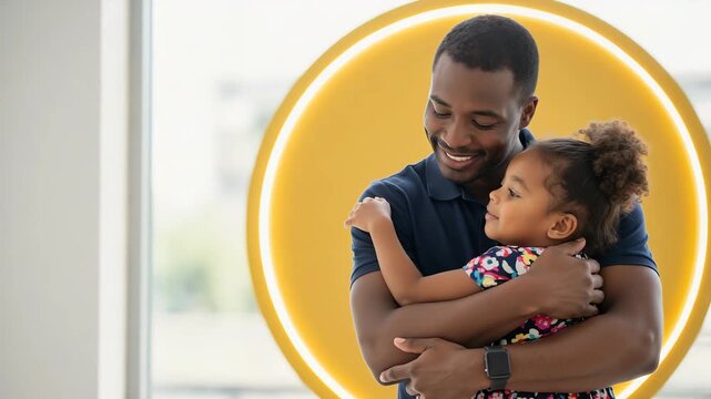 Father and Daughter Embracing with Joy in a Bright Indoor Space for Family Blogs, Parenting Websites, Emotional Support Articles, and Awareness Campaigns