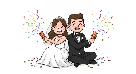 Joyful newlyweds celebrating with confetti cartoon illustration on white background