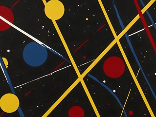 Abstract Geometric Art Red Yellow Blue Circles Lines Black Background