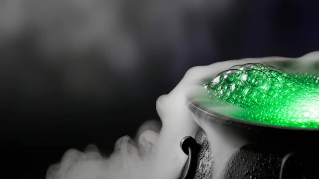 Bubbling Cauldron with Green Potion and Mystic Smoke for Halloween-Themed Videos, Spooky Decorations, and Creative Content