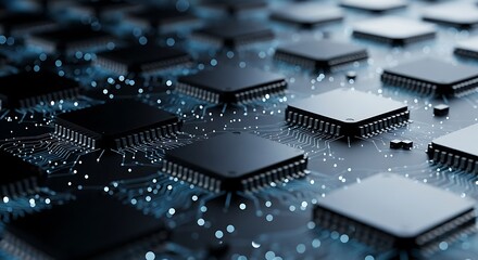 High quality image of a closeup view of a grid of computer microchips with glowing blue circuits, representing technology and data processing