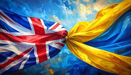 A visual representation showing two waving draped flags entwined Union Jack and a yellow-and-blue flag against a vibrant sky