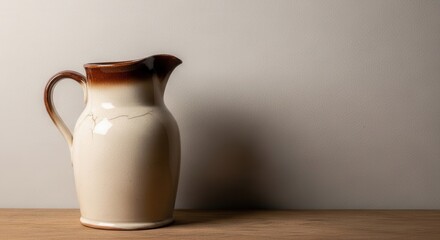 Earthenware Pitcher with Subtle Crack Detailing on Rustic Wooden Surface