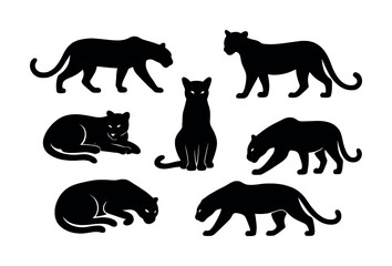 Silhouette collection of various big cats in different poses and postures