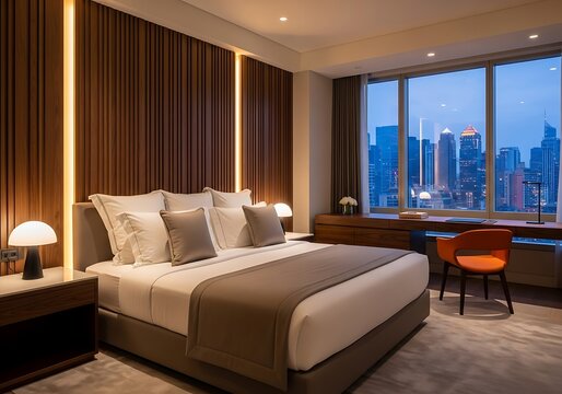 Luxurious hotel bedroom with a stunning city skyline view at dusk, featuring a kingsize bed, modern decor, and ambient lighting