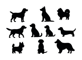 Silhouettes of nine diverse dog breeds in various poses on white background