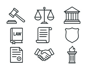 Legal justice icons collection with gavel, scale, courthouse