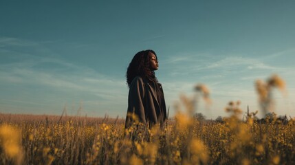 a woman of colour standing in the middle of a field

