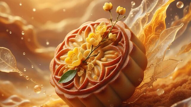 A close-up of mooncakes, a traditional Chinese pastry served during the Mid-Autumn Festival. The moon cake is decorated with flowers.