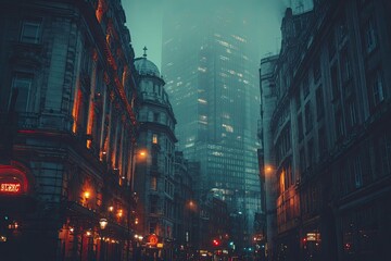 City street at night, misty